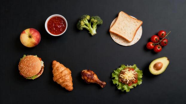 Assortment of healthy and unhealthy food items arranged on a dark background photo