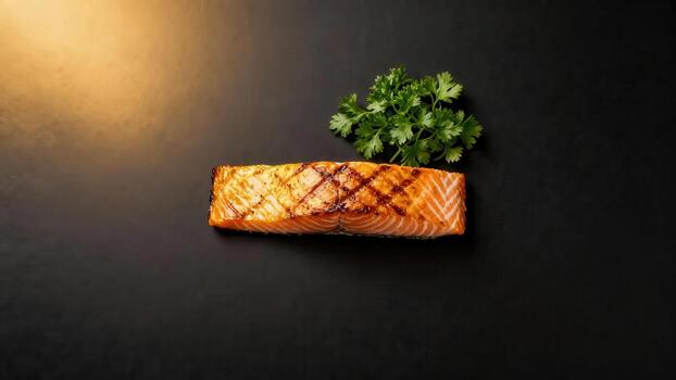 A la parrilla salmón filete es presentado con Fresco perejil adornar en un oscuro superficie foto
