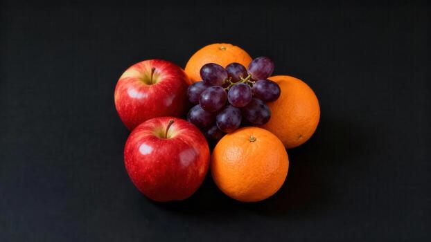 Assortment of fresh red apples, purple grapes, and bright oranges grouped on a dark background photo