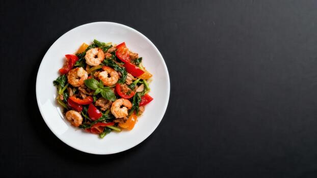 Cooked shellfish and vegetables served on a white plate against a dark background photo