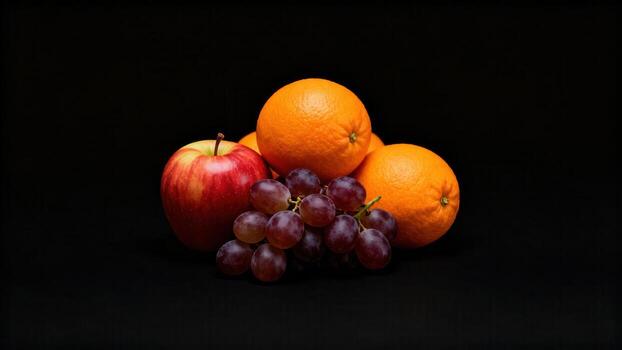 Assorted fresh fruits including an , oranges, and grapes are grouped together on a dark background. photo