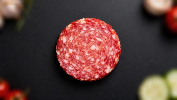 Single slice of cured, spiced sausage rests upon a dark, matte surface surrounded by unfocused fresh produce. photo