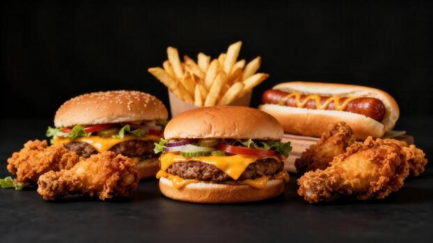 Assortment of popular fried and grilled fast food items arranged attractively on a dark surface photo