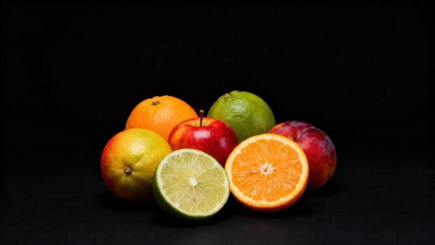 Group of assorted fresh fruits illuminated against a deep black background photo