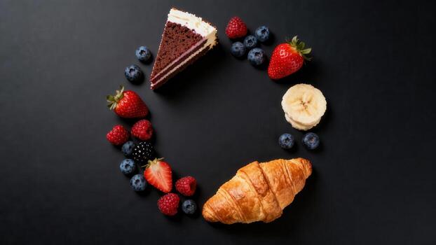 Assortment of sweet pastries and fresh berries arranged in a circular pattern on a dark background photo