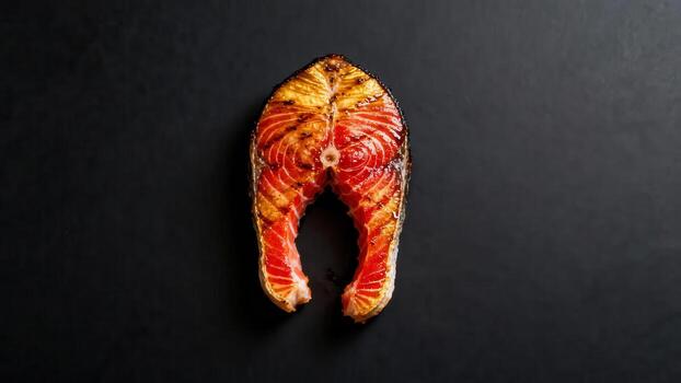 perfectamente A la parrilla salmón filete descansa centrado en un oscuro culinario superficie foto