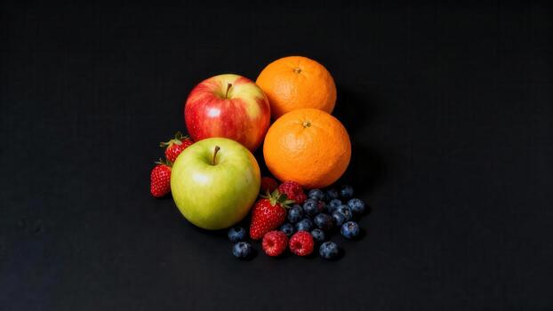 Assortment of fresh apples, citrus, and berries displayed against a dark background photo