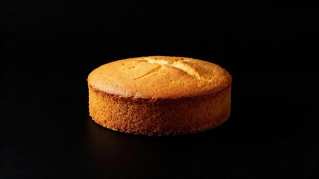 Unadorned golden sponge baked confection centered against deep black backdrop photo