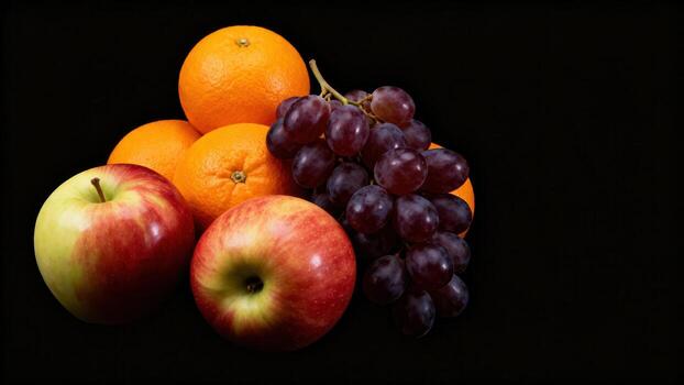 Assortment of fresh apples, oranges, and grapes stacked together against a dark background photo
