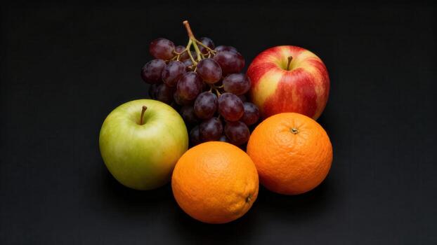 Assortment of fresh fruit including grapes, apples, and oranges rests upon a dark surface photo