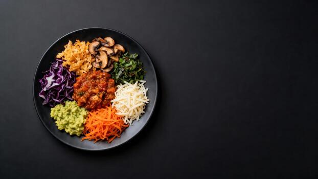 Balanced meal components arranged neatly on a dark plate set against a black background photo