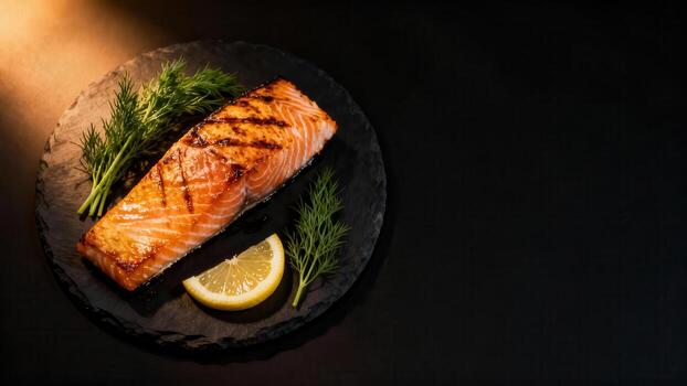 A la parrilla salmón filete adornado con Fresco eneldo y limón rebanada descansa en un oscuro pizarra servicio plato foto