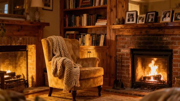 Cozy living space features comfortable armchair situated between two lit fireplaces and built-in shelving photo