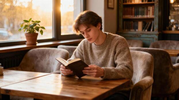 Young man concentrates while reading a book at a wooden table near a sunny window photo