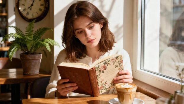 Young woman engrossed in reading a book while enjoying a beverage by a bright window photo