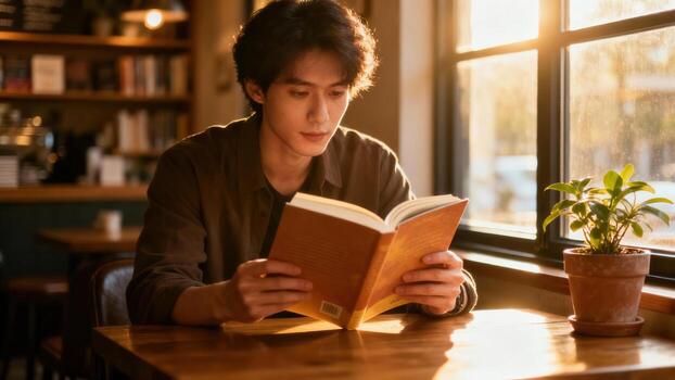 joven hombre profundamente absorto en leyendo un libro mientras sentado adentro cerca un iluminado por el sol ventana foto