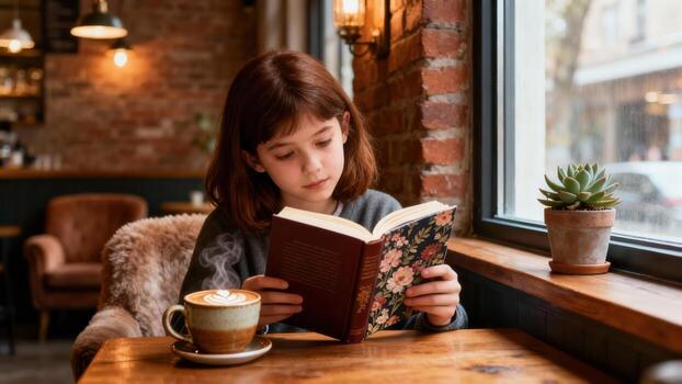 Young girl deeply engrossed in reading a book while seated near a window in a cozy establishment photo