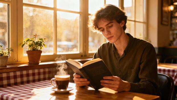 Young man engrossed in reading a book while enjoying a steaming beverage near a sunlit window photo