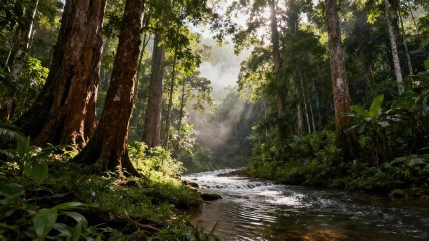 Sunlight pierces dense foliage illuminating a rushing stream flowing through a deep forest photo