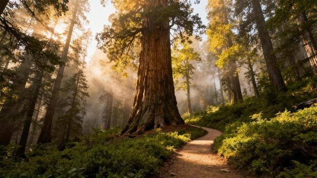 Sunlight streams through the canopy illuminating a winding path next to a massive, ancient tree in a dense forest photo
