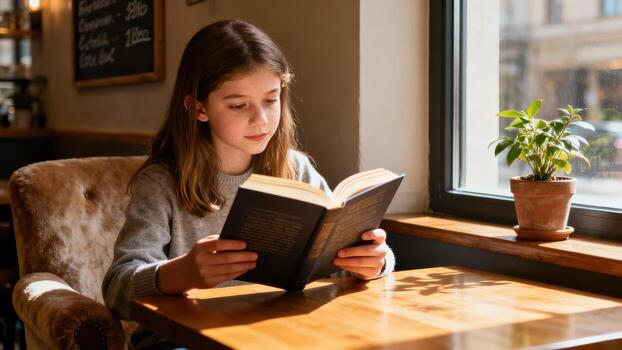 joven niña intensamente se enfoca en leyendo un ligado volumen mientras sentado cerca un brillante ventana foto