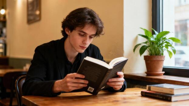 Young man attentively engrossed in reading a book while seated at a wooden table indoors photo