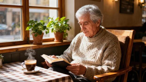 Senior man enjoys reading a book with a hot beverage near a sunlit window photo