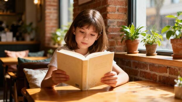 Young girl engrossed in reading a physical book near a sunlit window in an indoor setting photo