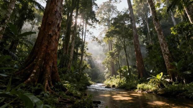 Towering tropical trees surround a sunlit stream flowing through a dense jungle photo
