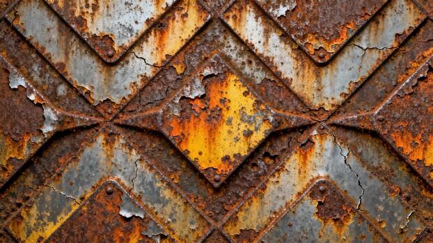 Heavily oxidized metal surface features geometric raised patterns and peeling paint layers photo