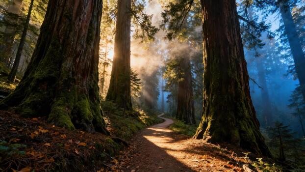 Sunlight filters through misty ancient forest illuminating a winding earthen pathway photo
