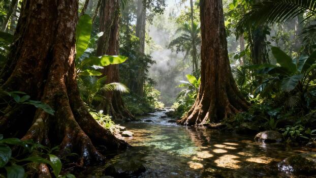 Dense tropical rainforest surrounds a clear, sunlit stream flowing between massive tree trunks photo