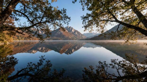 Serene mountain lake displays perfect reflection beneath framing tree branches during morning light photo