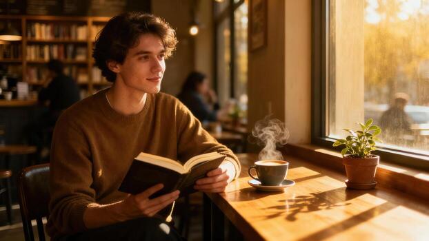 joven hombre disfruta leyendo un novela mientras relajante con un caliente bebida cerca un iluminado por el sol ventana foto
