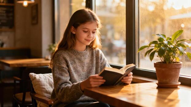 Young girl enjoys reading a physical book while seated next to a bright window in a cafe setting photo