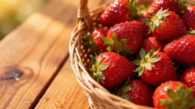 Freshly picked ripe strawberries overflow from a woven container sitting on sunlit wooden surface photo
