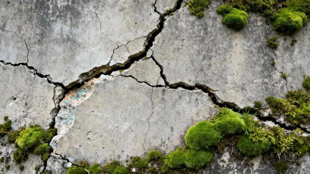 Deep fissure running across weathered concrete surface with patches of vibrant green moss growth photo