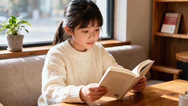 Young female child concentrating intensely while reading a physical book indoors near a window photo