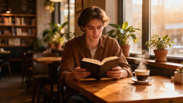 Young man engrossed in reading a physical book while enjoying a hot beverage in a sunlit cafe photo