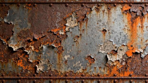 Heavily corroded metal surface displays flaking paint and deep oxidation photo