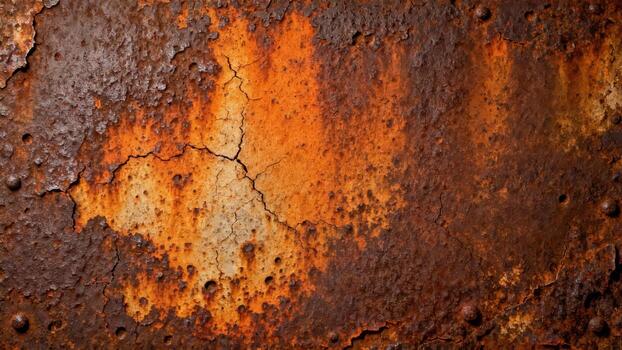 Weathered metallic surface displays vibrant orange and deep brown oxidation patterns photo