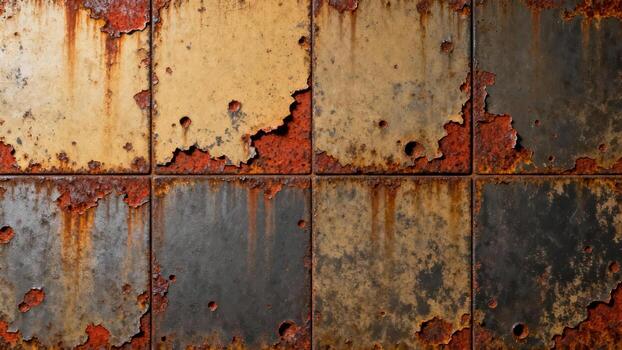 Segmented metal surfaces display severe corrosion and peeling paint layers photo