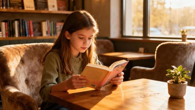 Young girl concentrates on reading an open book while seated in a comfortable chair near a window photo
