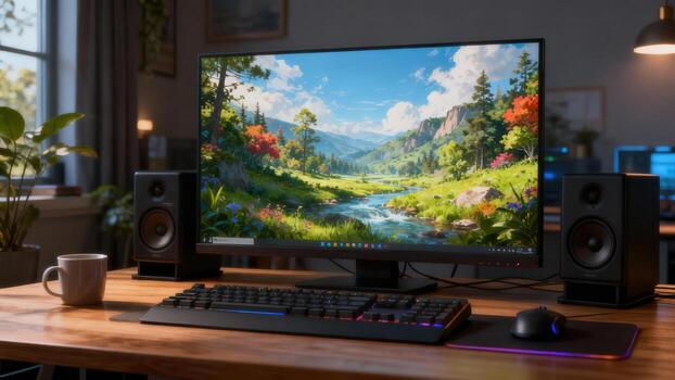 Modern desktop computer setup displaying vibrant nature scene in comfortable interior space photo