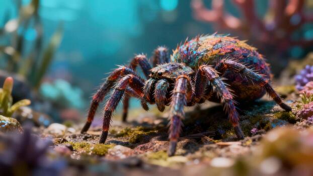 Close up of a brilliantly colored arachnid poised on earthy terrain with shallow depth of field photo