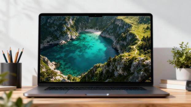 Modern portable computer rests on a wooden desk displaying a vibrant aerial view of a coastal cove with clear blue water. photo