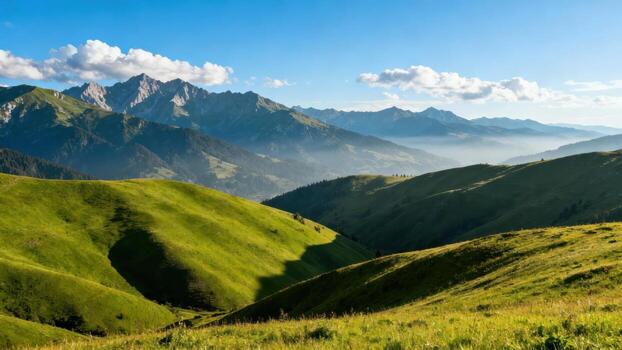 Rolling verdant foothills transition towards rugged, towering mountain peaks beneath a bright summer sky photo