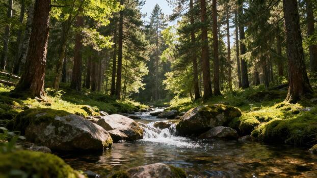 Sunlight filters through tall pine trees illuminating a swiftly flowing stream with moss covered rocks. photo