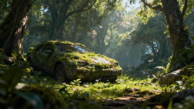 Abandoned automobile completely overgrown with vibrant green moss deep within a dense jungle setting photo