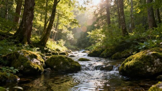 Sunlight streams through the dense canopy illuminating a rocky forest stream flowing over moss covered stones photo
